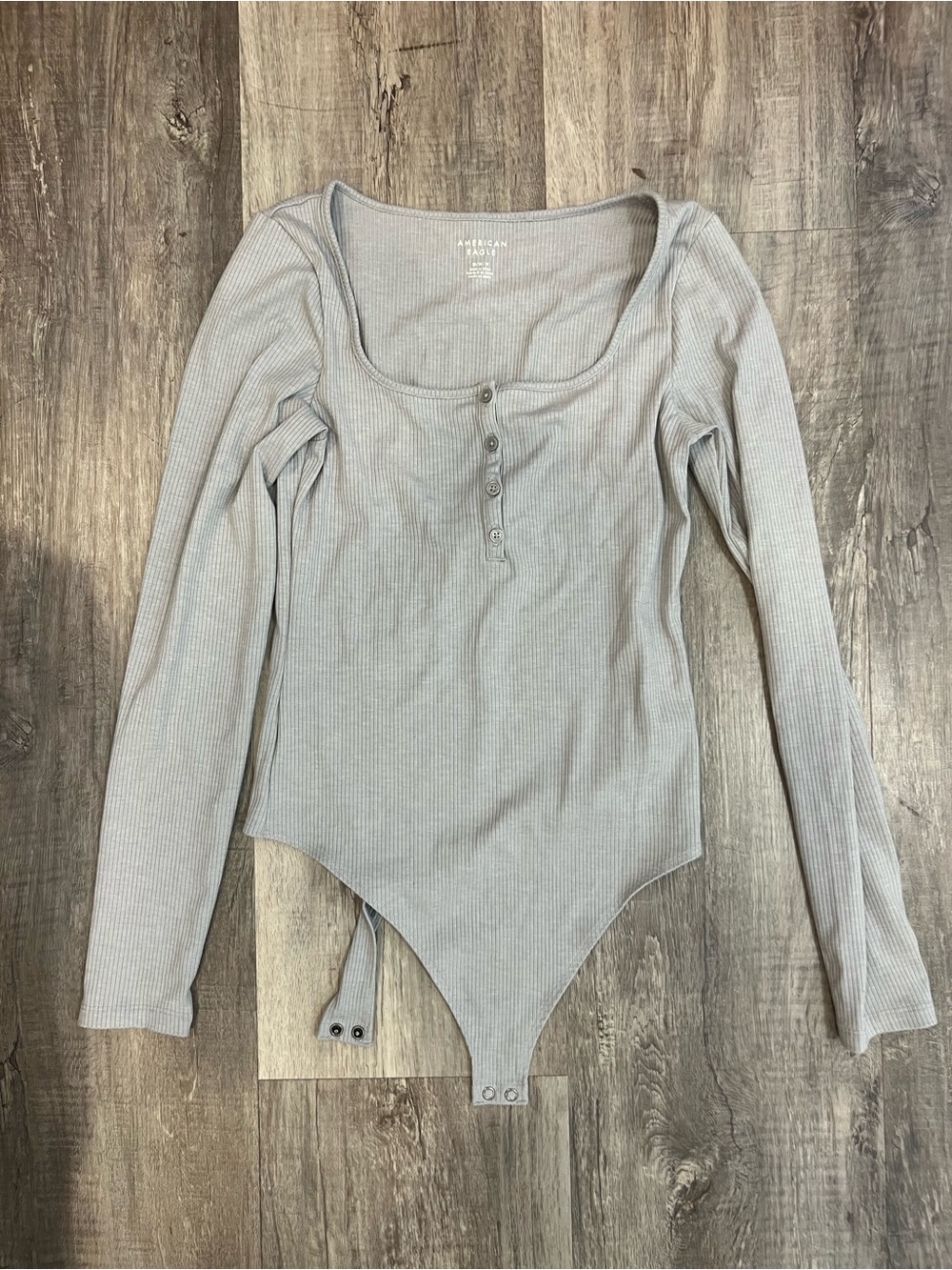 American Eagle Outfitters Ribbed Square-Neck Long-Sleeve Bodysuit - Light Gray